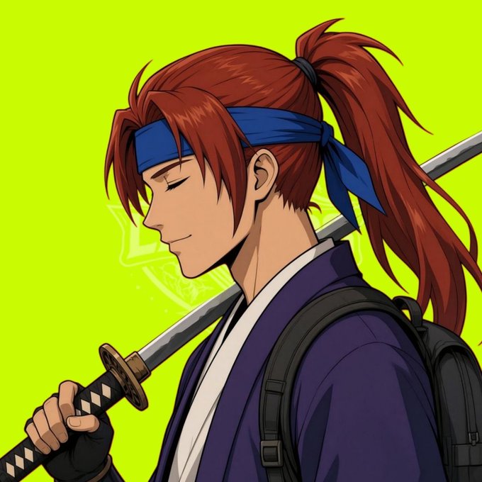 An anime-style illustration of a character with long red hair in a ponytail, wearing a blue headband and a purple robe, carrying a katana on their back against a neon green backdrop.