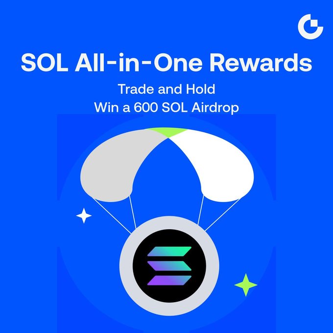 A promotional graphic for Gate.io's "SOL All-in-One Rewards" campaign featuring the text "Trade and Hold, Win a 600 SOL Airdrop" alongside an illustration of a Solana-branded medal with parachute, matching the post's announcement of trading and holding bonuses for SOL airdrops.