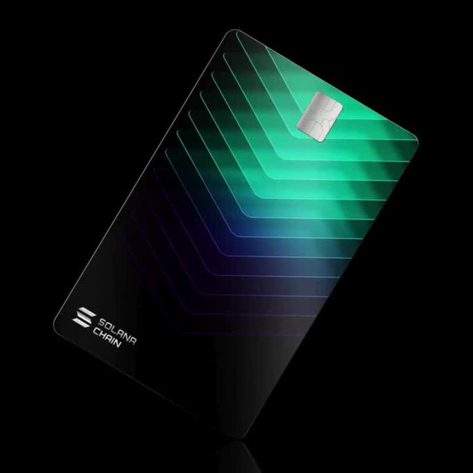 A sleek black Solana Chain credit card with a glowing green and blue wave design is displayed against a dark background. The card is featured in the post to promote a referral program offering up to $1,250 in rewards, with a promo code "prxfecy" for signing up to earn KAST card spending bonuses and Premium/Private upgrade incentives.