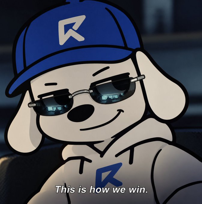 An animated white dog character wearing sunglasses and a blue cap with an 'R' logo says 'This is how we win.'