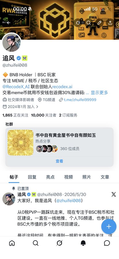The image shows a Chinese social media profile for "追风" (@zhuifei008), a BSC (Binance Smart Chain) player with 10,000 followers and 1,865 following, specializing in MEME tokens, tax coins, and community building. The profile header features Binance and BNB branding, with a pinned post introducing the user as an experienced crypto player focused on BSC tax tokens and community development, aligning with the post's enthusiasm about BSC's wealth-generating opportunities and Binance's ecosystem.