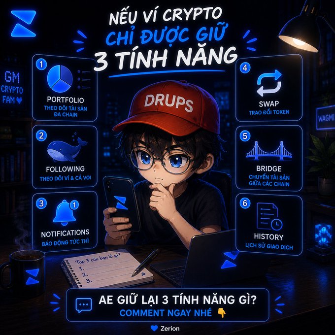 A Vietnamese-language promotional graphic features an anime-style character wearing a 'DRUPS' cap, asking 'NẾU VÍ CRYPTO CHỈ ĐƯỢC GIỮ 3 TÍNH NĂNG' (If a crypto wallet could only keep 3 features), listing six options: Portfolio, Following, Notifications, Swap, Bridge, and History.
