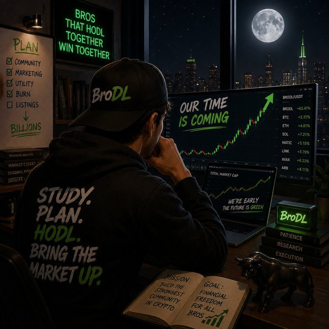 A crypto/HODL themed image showing a person in a "BroDL" hat and "STUDY. PLAN. HODL. BRING THE MARKET UP" hoodie looking at trading charts with bullish gains including BROOL/USDOT +63.41%, BTC +2.33%, ETH +4.61%, SOL +7.21%, MATIC +5.15%, LINK +3.79%, AVAX +6.23%, and ARB +4.11%, with text reading "BROS THAT HODL TOGETHER WIN TOGETHER" and "OUR TIME IS COMING."