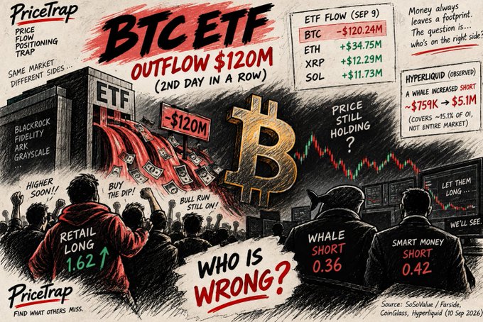 A PriceTrap infographic analyzing BTC ETF outflow of $120M on Sep 9, comparing retail longs (1.62) versus whale and smart money shorts (0.36 and 0.42).