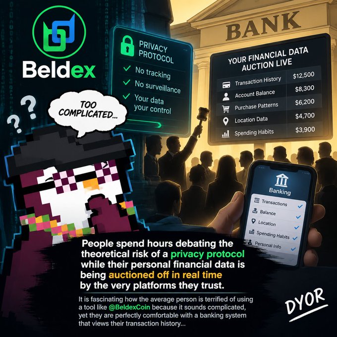 A promotional graphic for "Beldex" highlighting its privacy protocol, with a pixel art figure saying "too complicated..." next to imagery suggesting financial data is auctioned by banking platforms.
