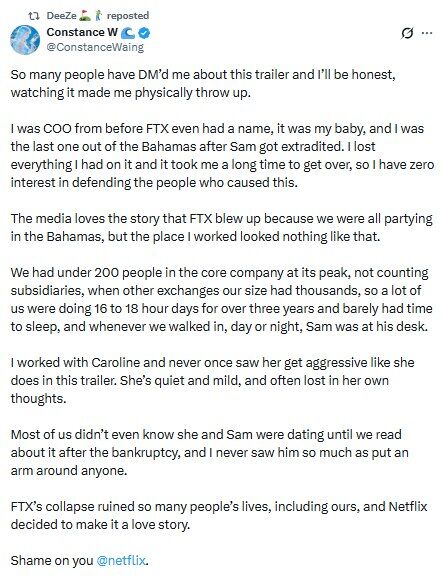 A screenshot of a tweet by @ConstanceWang shows the former FTX COO criticizing Netflix's trailer for "The Altruists," with the post stating it made her "physically throw up" due to its portrayal of the FTX collapse as a love story. The screenshot includes the full text of her complaints, ranging from the inaccuracy of the "partying in the Bahamas" narrative to her doubts about the romantic depiction of Caroline and Sam.