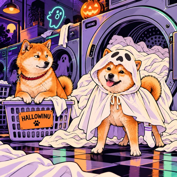 A Halloween-themed AI illustration of two Shiba Inu dogs in a laundromat, with one wearing a ghost costume and sitting in a laundry basket labeled 'HALLOWINU'.