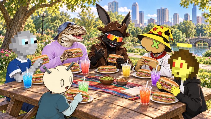 A whimsical illustration of various internet meme characters—including a gray alien, a dinosaur in a cap, and a figure with a taco head—gathered around a wooden picnic table sharing sandwiches and colorful drinks in a park.