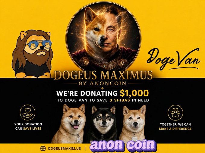 The image features a yellow advertisement with a cartoon doge (or drolly) wearing glasses sitting next to four dogs of different breeds, all wearing bow ties. The background includes information about a charity campaign to save three Shiba Inu dogs in need. Additionally, there is text promoting a coin donation through the post.