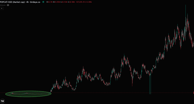 The image shows a POPCAT/USD (Market cap) 4-hour candlestick chart on BirdEye.so, displaying a long-term uptrend from near zero to $2.5B, with the early accumulation phase circled in green at the bottom left to emphasize the dramatic growth trajectory supporting the post's bullish thesis about HMM (likely another memecoin) following a similar path to billions.