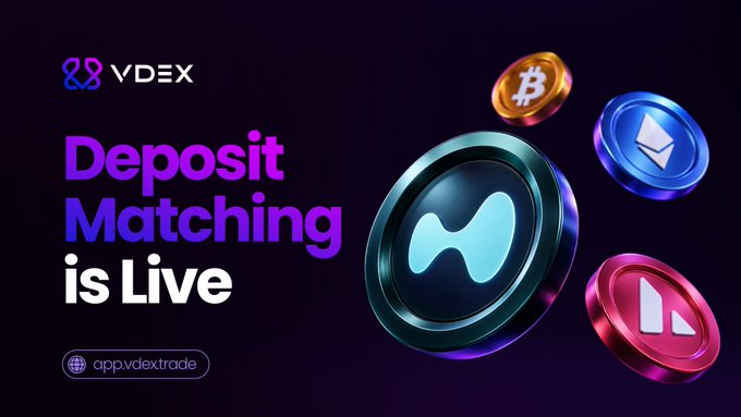 The image features a purple background with four different colored coins scattered across it, including a blue coin, a red coin, an orange coin, and a pink coin. The text "deposit matching is live" is displayed above the coins, indicating that this is related to cryptocurrency trading or deposits.