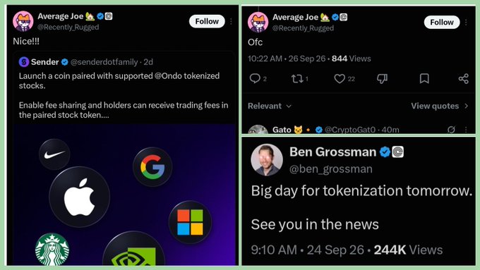 Screenshots of Twitter/X posts discussing the launch of a coin paired with Ondo tokenized stocks featuring Apple, Google, Nike, Starbucks, Microsoft and Nvidia logos, with one post from Ben Grossman stating 'Big day for tokenization tomorrow. See you in the news'.