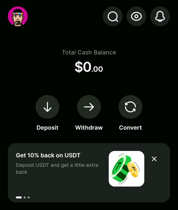 A mobile app screenshot displays a dark-themed crypto wallet interface showing a "Total Cash Balance" of $0.00, with Deposit, Withdraw, and Convert buttons, and a promotional banner offering "Get 10% back on USDT".