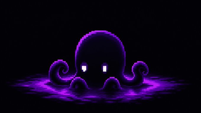 A pixel-art octopus with glowing purple outlines emerges from a swirling pool of purple energy against a black background. Its appearance ties directly to the post's teaser, hinting that an octopus-themed reveal is being "shaped" on the Ink on Chain platform.