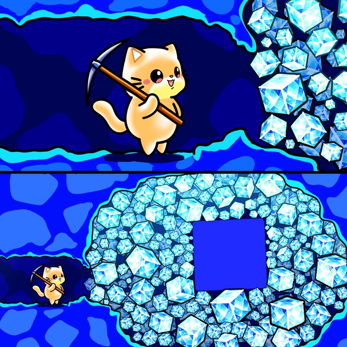 An adorable cartoon cat with a pickaxe is shown in a side-scrolling video game style, with the top panel showing it mining and the bottom panel revealing a diamond-encrusted background with an empty square frame where the cat stands alone in a small cave.

The image relates to the caption by illustrating a scene of lonely, diligent work—the cat has mined out an entire cavern of gems but now stands alone beside the empty space where treasures once were, visually representing the idea of unseen or unappreciated effort.