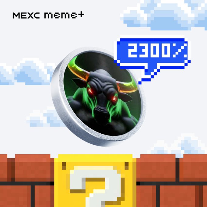 A MEXC Meme+ promotional graphic featuring a pixel-art bull mascot with a "2300%" pump alert speech bubble, set above a classic Super Mario-style question block, highlighting the $ANSEM token's surge as advertised in the accompanying post.