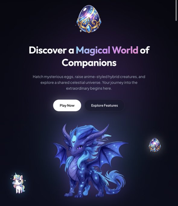 The image features a website with a blue background, displaying a cartoon illustration of a dragon and other creatures. The text on the page reads "Discover a Magical World of Companions" and "Hatchly is live on @solana!". The website also has a button that says "Play Now". The post mentions that there are 300 active players in just 2.5 hours, which could be related to the game or the characters depicted in the image.