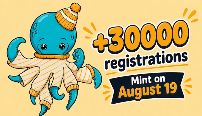 A cheerful cartoon octopus wearing a striped beanie and sweater celebrates the "+30,000 registrations" milestone, announcing that the mint will take place on August 19. The playful mascot reinforces the project's gratitude message while visually emphasizing the key details of the upcoming 4,444 NFT drop at 0.00053 ETH.