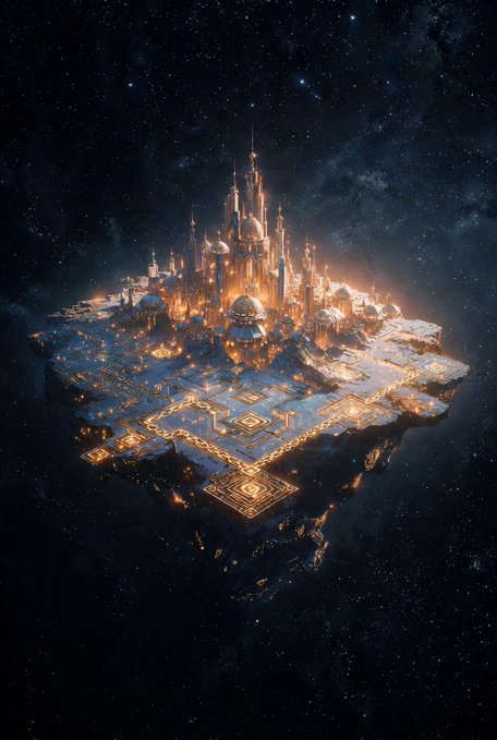 The image features a 3D rendering of a city floating in space with a starry night sky backdrop, giving it an otherworldly appearance. The city has a unique architectural design, resembling a castle or palace-like structure, which adds to its celestial ambiance. At the center of this floating city is a token called $CNPY, designed for long-term sustainability and economic alignment within the ecosystem. This token serves as a native currency that powers security, incentives, and economic stability across Canopy Network's various platforms.