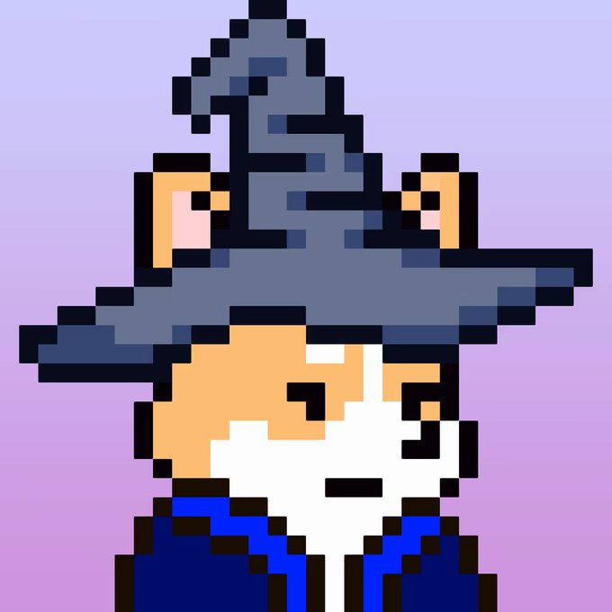 A pixel art image depicts a character with orange hair wearing a large, pointed grey wizard hat and a blue robe against a purple gradient background.