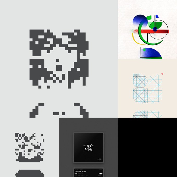 A collage of artistic designs including a pixelated QR code, geometric shapes in primary colors, a wireframe letter 'B', and a small display showing 'THIRTY NINE'.