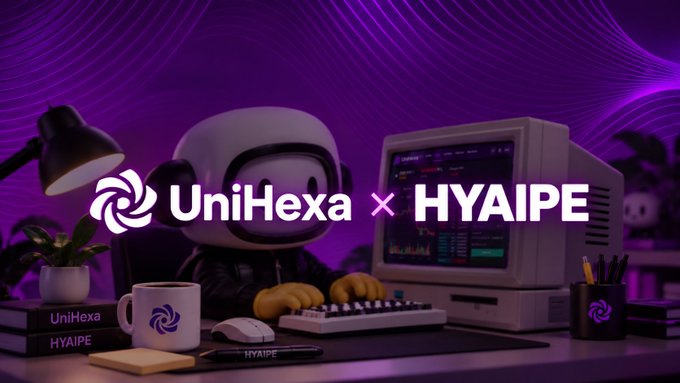 The image shows a collaboration announcement between UniHexa and HYAIPE, featuring a cartoon character at a retro computer workstation surrounded by branded merchandise like mugs, books, and a keyboard, with the "UniHexa × HYAIPE" logos prominently displayed against a purple wave-patterned background. This visually represents the partnership supporting the post's narrative about UniSat's Bitcoin-native liquidity market (UniHexa) launching to facilitate trading of Bitcoin-based assets like BRC-20 and Runes.