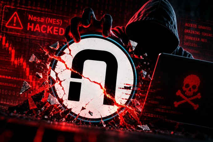 A dramatic red-toned hacker scene shows a hooded figure reaching toward a broken padlock icon, with 'Nesa (NES) HACKED' and other code text visible.