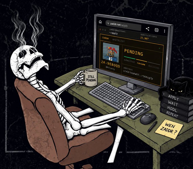 A digital illustration of a skeleton wearing a robe and sitting at a desk, holding a "STILL PENDING" mug while looking at a computer showing a PENDING application status on zaddr.net/apply.