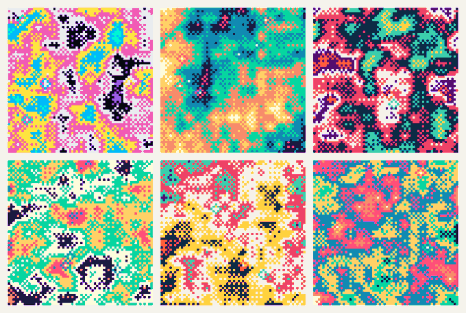 A collage showcasing six colorful, pixel-art style images arranged in a 2x3 grid, featuring abstract mosaic designs in vibrant palettes of pink, teal, yellow, red, and green, likely referencing NFT artwork associated with the "wallets" mentioned in the post.