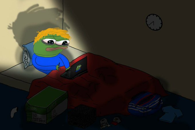 A cartoon illustration of a sad-looking Pepe the Frog with messy blonde hair sitting up in bed under a red blanket in a dark room, looking at a laptop with a small Pepe sticker on it.