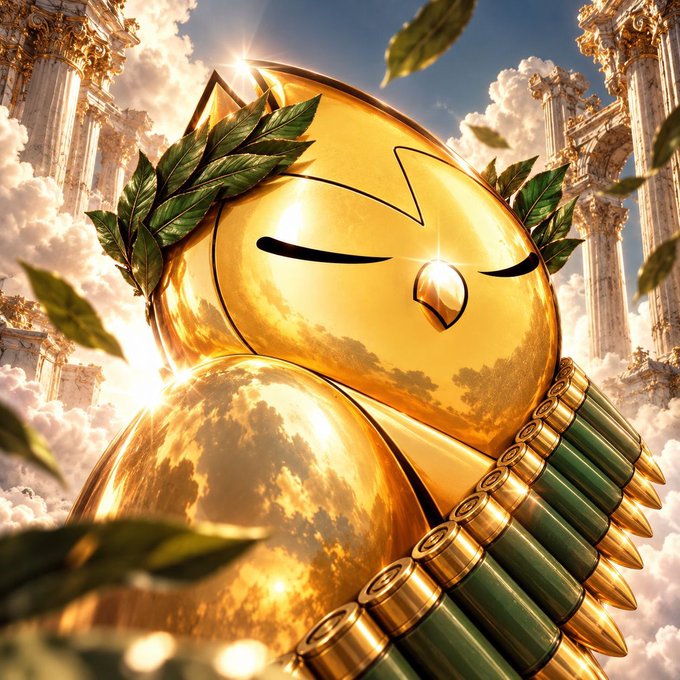Digital artwork of a golden, stylized Pikachu wearing a laurel wreath and ammunition belt, set against a cloudy sky with classical pillars.
