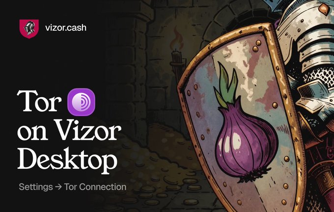 A promotional graphic for "vizor.cash" announces the new "Tor on Vizor Desktop" feature (accessed via Settings → Tor Connection), featuring an illustration of a knight's armored gauntlet holding a shield emblazoned with the Tor onion logo in purple. The image's "back to back" announcement style visually reinforces the post's playful admission of rapid, stacked product updates from the team.