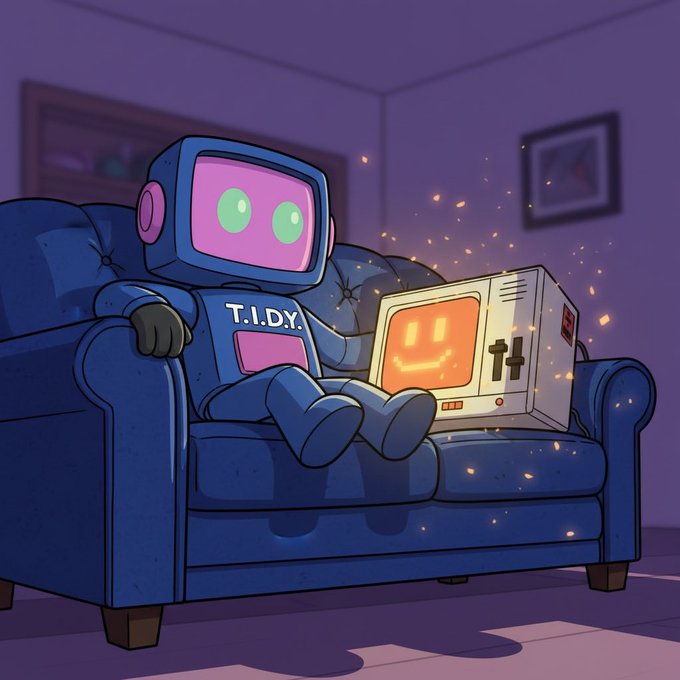 A digital illustration of a blue robot with pink screen face labeled "T.I.D.Y." sitting on a blue couch next to a smiling retro computer monitor, with sparks floating in a dimly lit room.