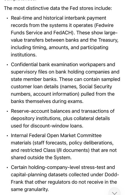 A text excerpt listing distinctive data the Federal Reserve stores, including Fedwire Funds Service and FedACH interbank payment records, confidential bank examination workpapers, reserve-account balances, FOMC internal materials, and Dodd-Frank stress-test datasets.