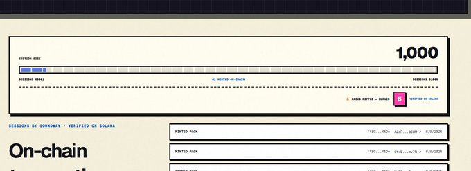 Screenshot of an on-chain minting progress bar showing 803/1,000 minted on Solana, with 'Packed Before' and 'Minted By Soulane' badges visible, along with options to mint packs.