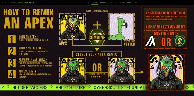The image features a screenshot from an Apex website, which showcases various features such as the "How To Remix an APEX" guide that offers several creative ideas for combining different pieces of content into one. The main visual element of the image is a cartoon character wearing a helmet and goggles with a face mask in green color. The caption below the image states that "we added MNGO @yieldling to the cs APEX vetted Remix feature". This suggests that the post could be about using the Apex remix tool to create new and exciting content, possibly referencing the cyberpunk genre or similar themes.