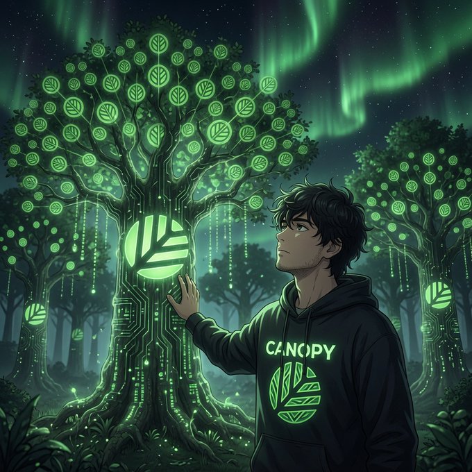 An anime-style illustration shows a young man wearing a 'CANOPY' hoodie touching a glowing, circuit-patterned tree under the northern lights.