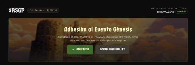A webpage screenshot showing "Adhesión al Evento Génesis" in Spanish, with a green "ADHERIDO" button, a wallet address 0xd79A...014b, and the RSGP logo.