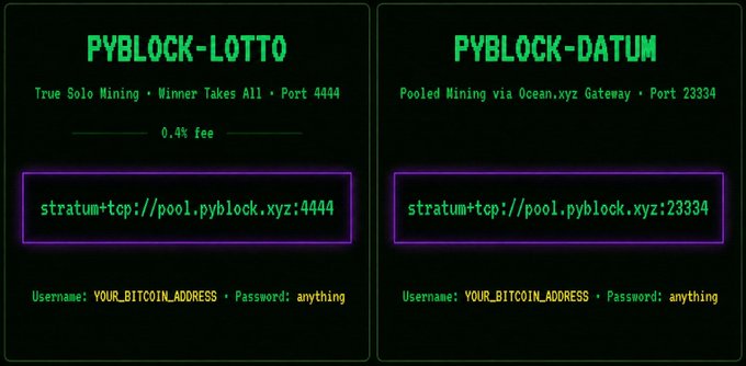The image displays two PyBlock mining options: PYBLOCK-LOTTO for "True Solo Mining" with port 4444, and PYBLOCK-DATUM for "Pooled Mining" via Ocean.xyz Gateway with port 23334. These represent different ways a miner can connect to a pool, influencing how block templates are built.