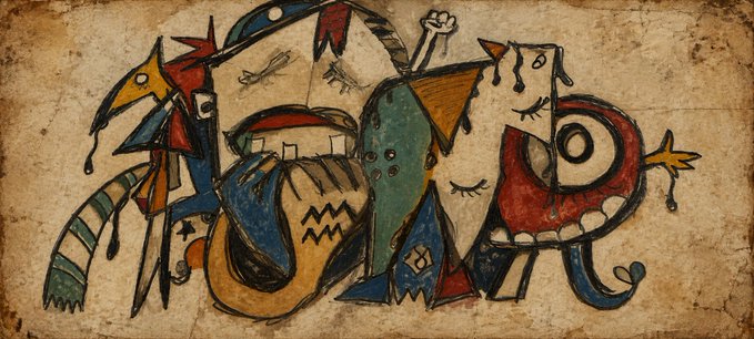 An abstract cubist-style painting on a textured, aged background featuring colorful geometric shapes including a stylized face with closed eyes, sharp triangular forms, and various figures in red, blue, yellow, and green hues.