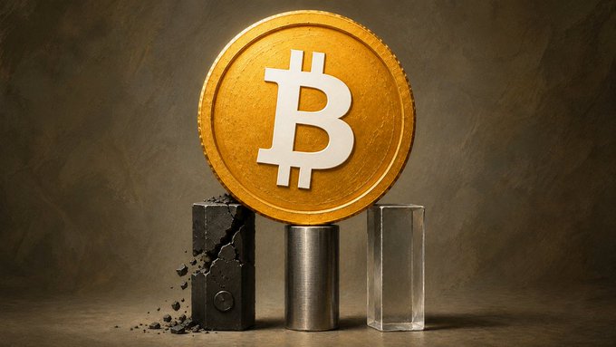 A large gold Bitcoin coin resting on a metal cylinder, flanked by a broken block and a clear crystal block.