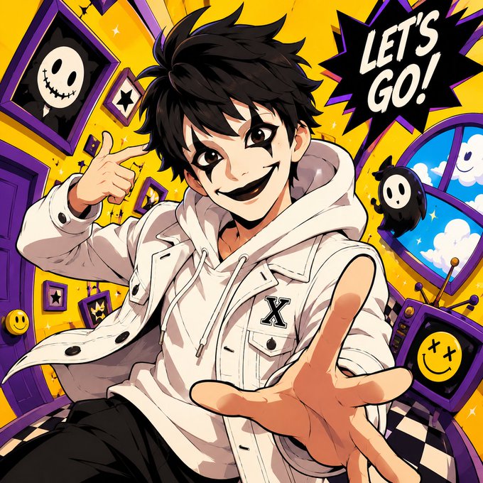 Anime-style illustration of a young man with black hair and a white jacket pointing at the camera, with a speech bubble reading 'LET'S GO!' against a yellow background featuring smiley faces and smiley-face characters.