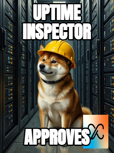 A meme image shows a Shiba Inu dog wearing a yellow hard hat standing in a server room, with the text 'UPTIME INSPECTOR' at the top and 'APPROVES' at the bottom, accompanied by a small CapCut logo.