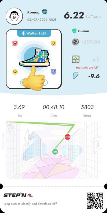 STEP'N app screenshot for user Komagi showing Walker Lv24 sneaker with 6.22 GST/Min earnings, 3.69 km, 00:48:10 time, and 5803 steps.