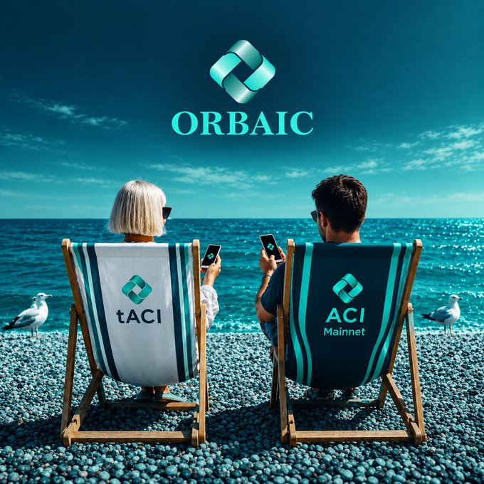 Two people relax on a pebble beach in striped deck chairs—one labeled "tACI Testnet" and the other "ACI Mainnet"—as they each hold up a smartphone, symbolizing the community's transition from the testnet to the official ACI Mainnet under the ORBAIC brand.