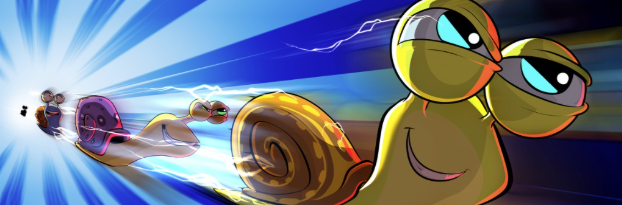 A cartoonish snail character with a shell races at high speed with lightning effects, chasing a small figure in the distance.