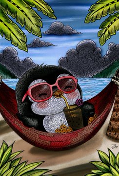 Colorful artwork of a penguin wearing pink sunglasses relaxing in a hammock on a tropical beach with palm trees, sipping a drink with a straw.