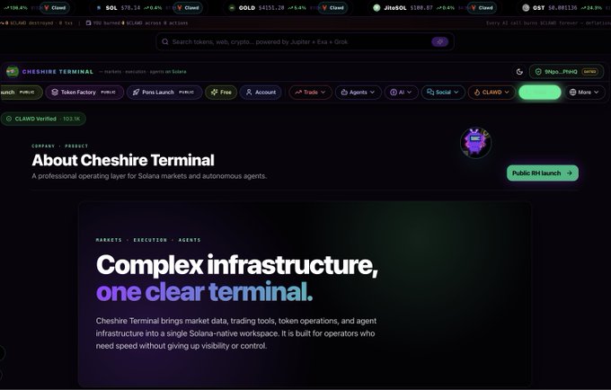 The image shows the Cheshire Terminal homepage, featuring its tagline "Complex infrastructure, one clear terminal," highlighting that the $CLAWO token (up +0.44% at $4151.28) supports this Solana-native workspace built for market data, trading tools, and autonomous agents, with verification showing 103.1K holders.
