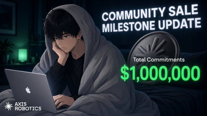 An anime-style illustration shows a hooded young man resting his chin on his hand while looking at a MacBook in a dimly lit room, with text announcing "COMMUNITY SALE MILESTONE UPDATE — Total Commitments $1,000,000" alongside an "AXIS ROBOTICS" logo. The image visually reinforces the post's milestone of the $AXIS community sale surpassing $1M in commitments, blending the human focus of the founder's reflection with the celebratory achievement.