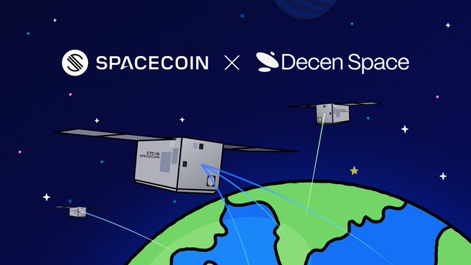 A collaboration announcement graphic between Spacecoin and Decen Space, displayed above an illustration of CubeSat satellites (labeled "CTC-3" and "CTC-1") transmitting data beams to Earth, visually representing the partnership's goal of building decentralized ground station infrastructure to connect with orbiting satellites.